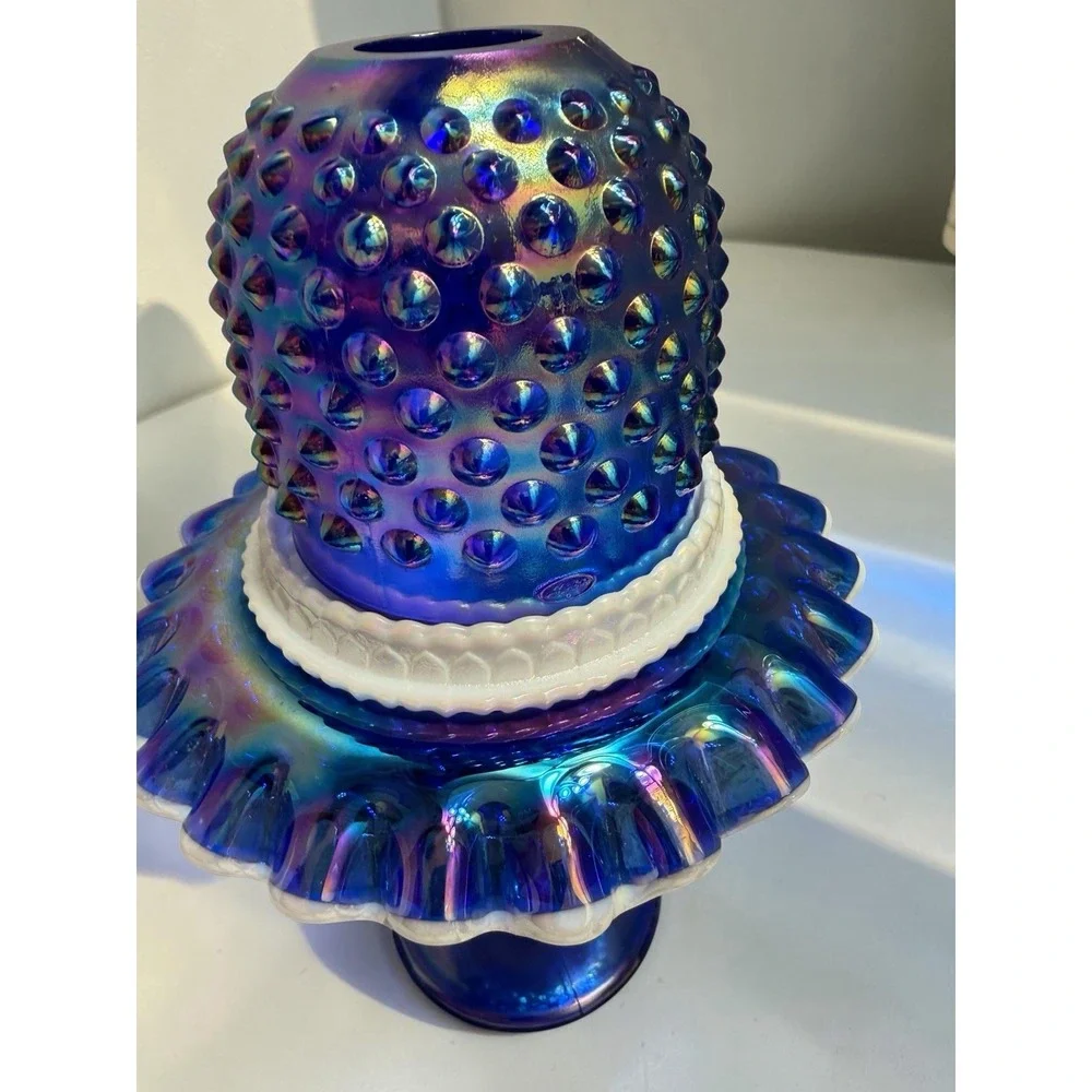 Fenton Blue Carnival Glass Hobnail Snow Crest 3 Piece Pedestal Fairy Lamp-9